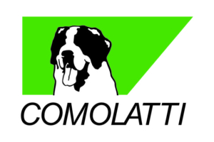 Retângulo verde e branco com cachorro de língua aparente na linha abaixo escrito COMOLATTI
